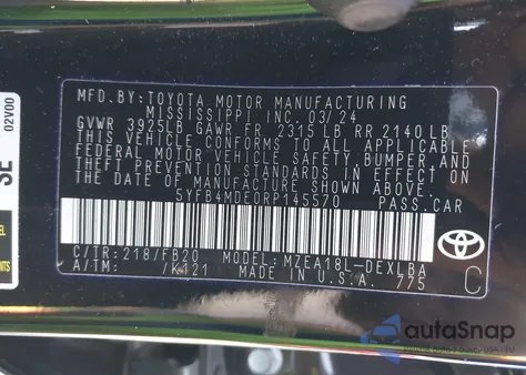 2024 Toyota Corolla Le из США, поврежденный, VIN 5YFB4MDE0RP145570